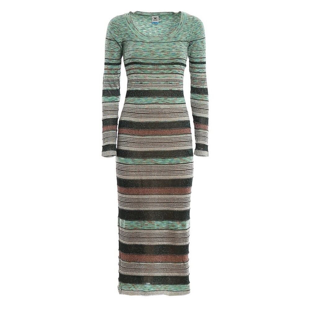 NWT Missoni Metallic Striped Wool Blend Knit Maxi Dress IT 46 Green Brown
